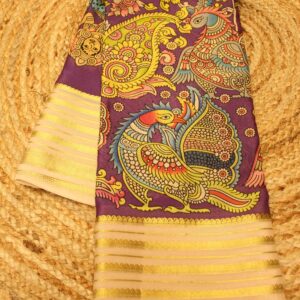 Purple and Beige Kalamkari Peacock Printed Pure Mysore Crepe Silk Saree