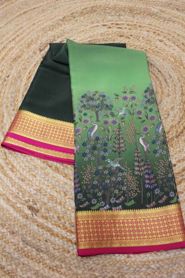 Green and Pink Printed Birds Pure Mysore Silk Saree
