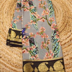 Peacock and Floral Theme Printed Pure Mysore Silk Saree