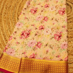 Blush Pink and Rani Floral Printed Pure Mysore Silk Saree
