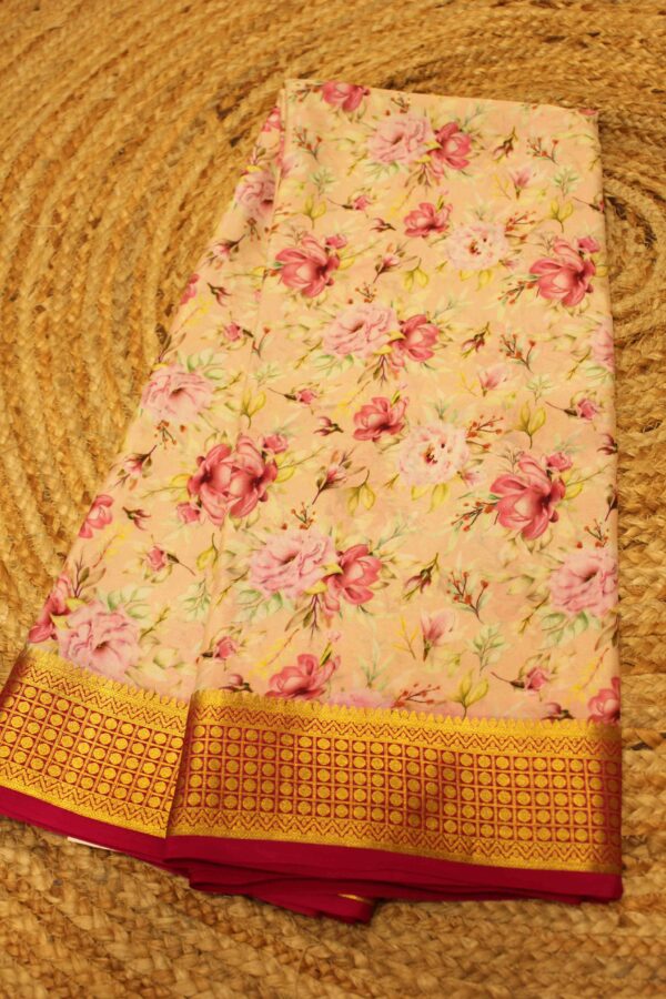 Blush Pink and Rani Floral Printed Pure Mysore Silk Saree