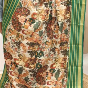 Beige and Green Kalmakari Figurines Printed Pure Mysore Silk Saree