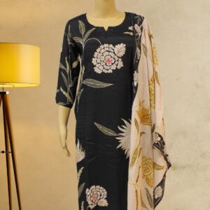 Black with White Floral Prints with Cut Dana Work Kurta Set
