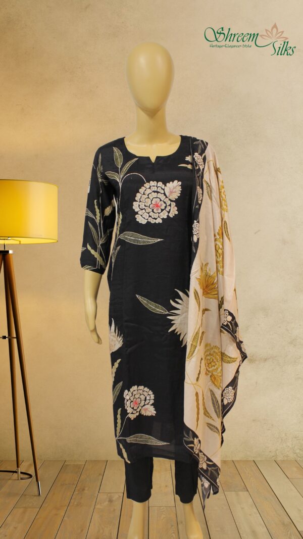 Black with White Floral Prints with Cut Dana Work Kurta Set