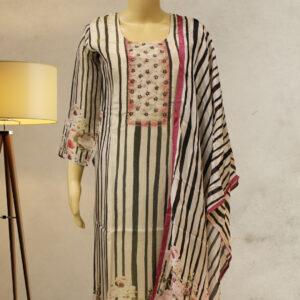 Beige with Olive Green Vertical Stripes & Sequence Work Kurta Set