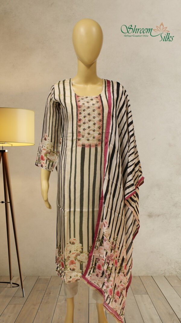 Beige with Olive Green Vertical Stripes & Sequence Work Kurta Set
