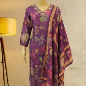 Purple with Floral Prints & Neck Embroidery Kurta Set