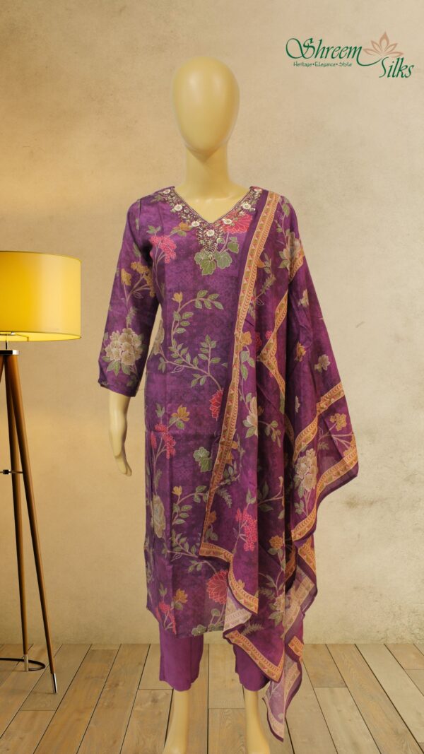 Purple with Floral Prints & Neck Embroidery Kurta Set