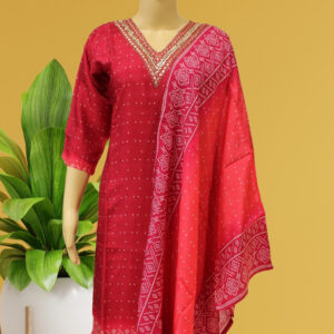 Red Bandhani Prints with Neck Embroidery Kurta Set