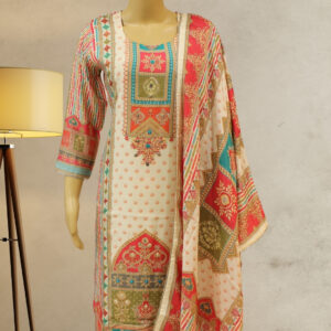 Cream with Multicolor Vintage Prints with Embroidery Kurta Set