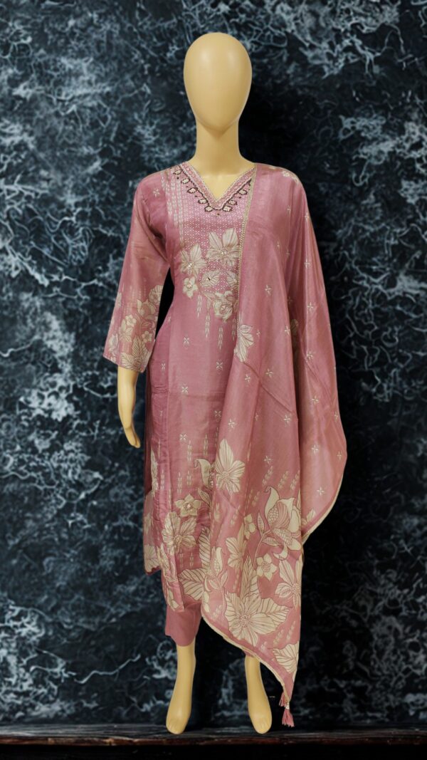 Pink Tissue Silk Printed with Embroidery Kurta Set