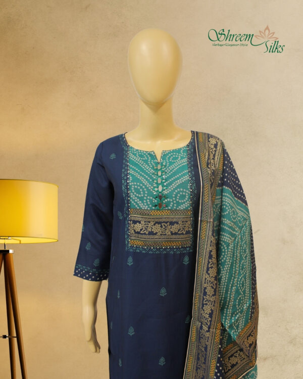 Navy Blue Bandhani Print with Mirror work Kurta Set - Image 3
