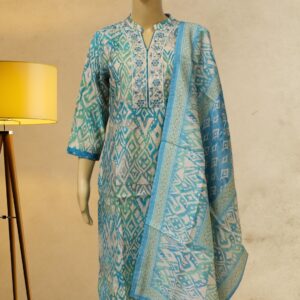 Green & Blue with Ikkat Print & Neck Embroidery Kurta Set