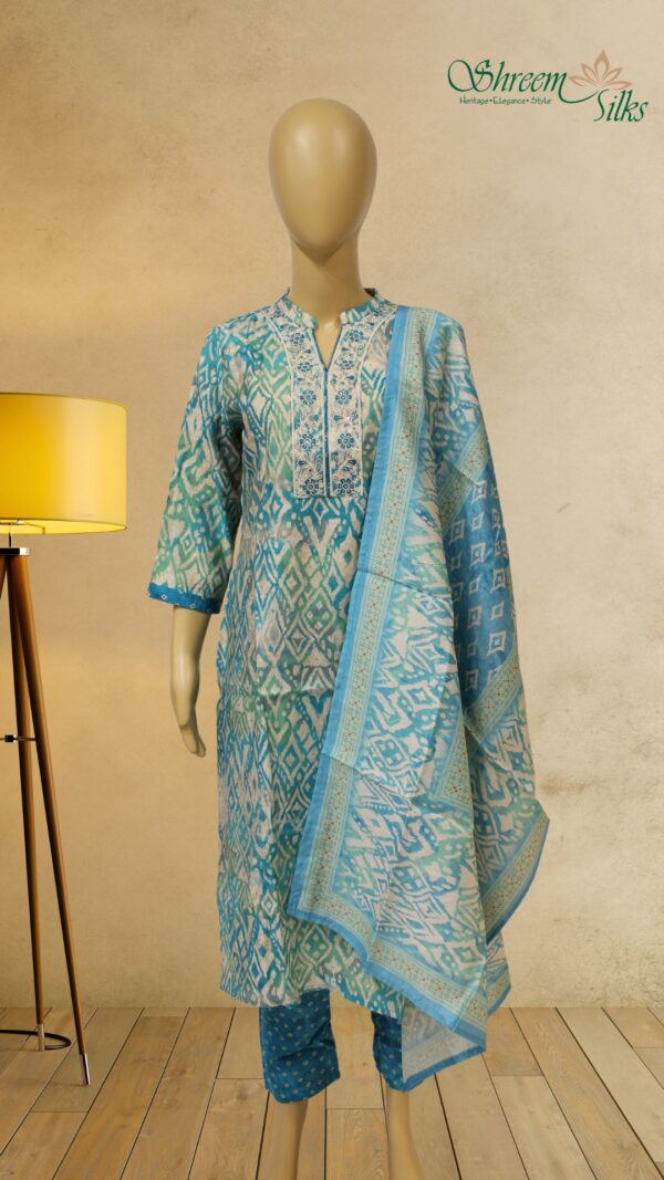 Green & Blue with Ikkat Print & Neck Embroidery Kurta Set