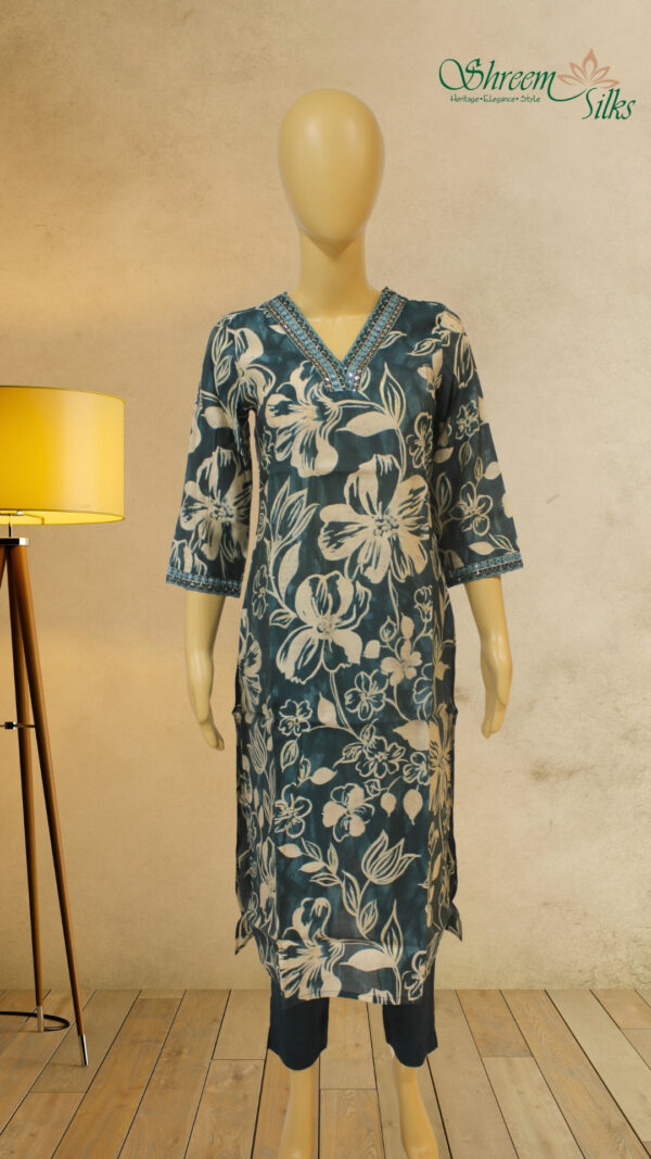 Bottle Green with White Floral Prints Kurta Set