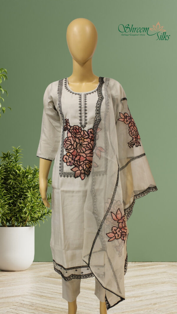 Grey and Black with Floral Aplique work Designer Kurta Set
