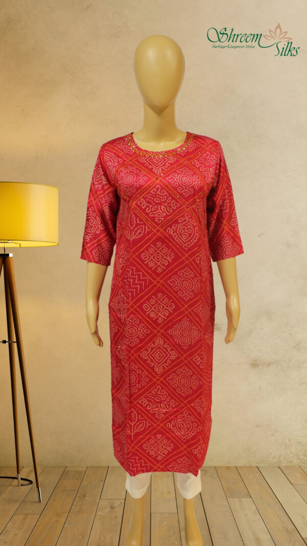Red Bandhani Prints with Sequence Work Kurta