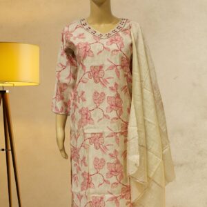 Beige with Pink Floral Prints and Pearl and Zardosi work On Neck Kurta set