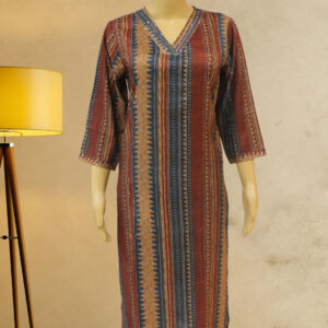 Brown & Blue Vertical Stripes Muslin Kurti