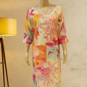 Multicolour Abstract Prints with Zari Embroidery Muslin Kurti