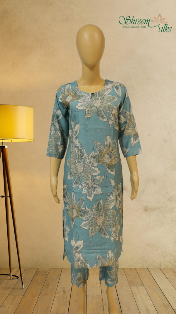 Teal Blue with Big Floral Prints Kurta and Bottom