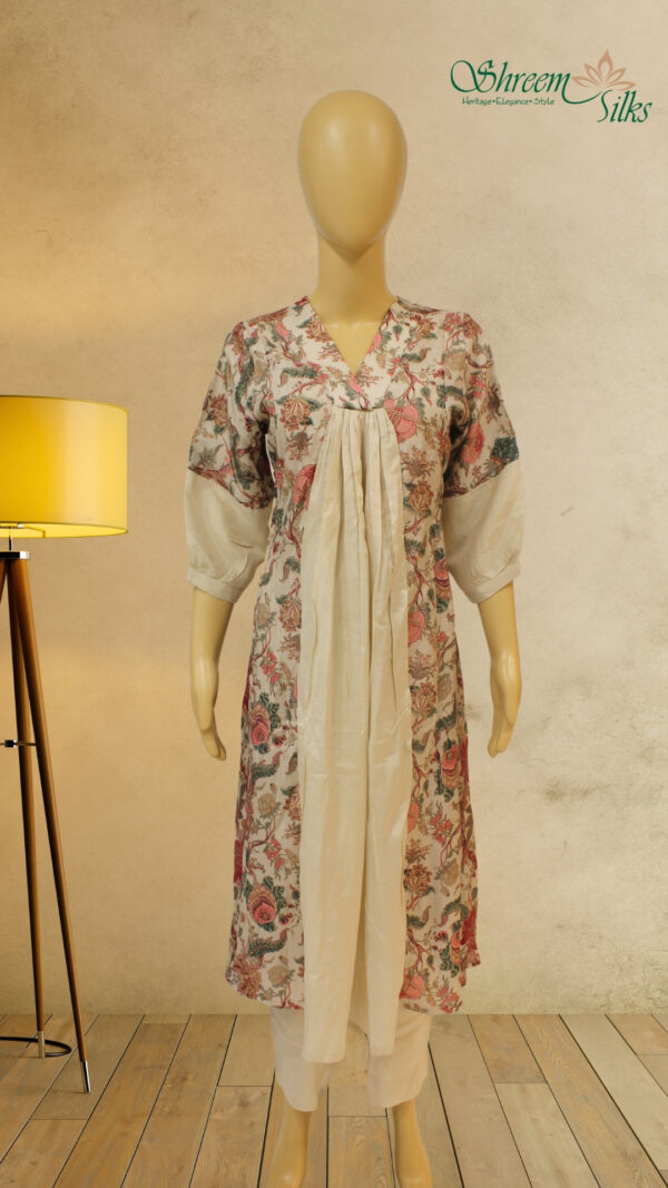 Beige with Pink Floral Prints Anarkali Kurta Set