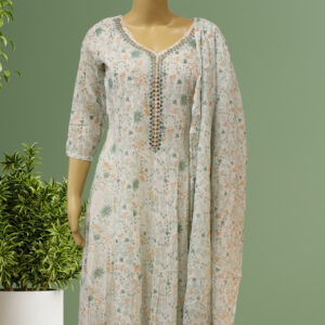 White & Green Cotton Anarkali Kurta Set