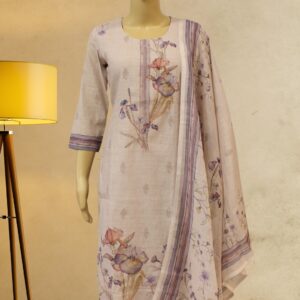 Beige & Purple with Floral Prints Linen Kurta Set