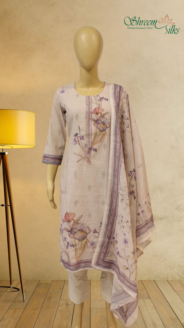 Beige & Purple with Floral Prints Linen Kurta Set