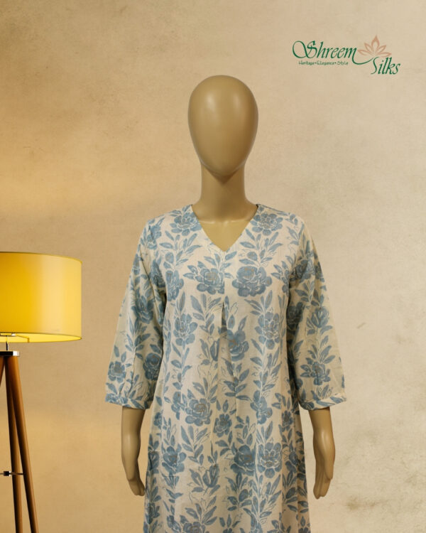 White with Blue Floral Prints Linen Kurta Set - Image 2