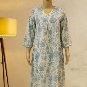 White with Blue Floral Prints Linen Kurti Set