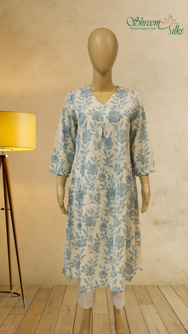 White with Blue Floral Prints Linen Kurta Set