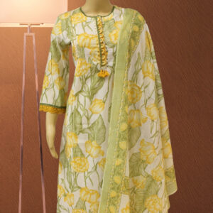 White with Yellow & Green Prints Cotton Kurta Set