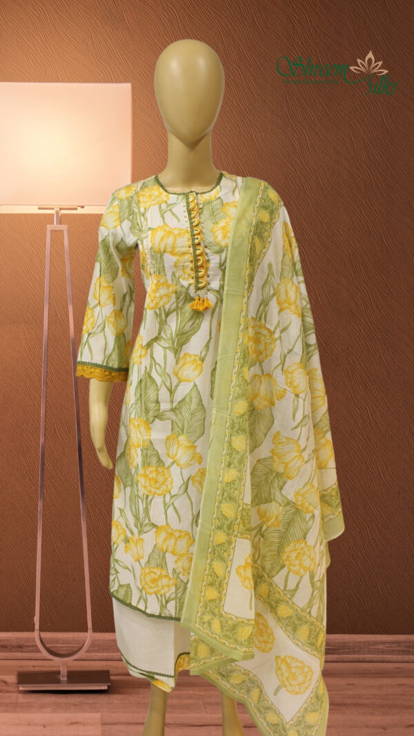 White with Yellow & Green Prints Cotton Kurta Set