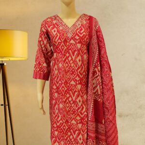 Red & Chickoo Printed Cotton Kurta Set