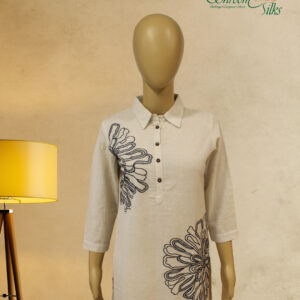 Off White with Blue Embroidery Linen Kurti Set