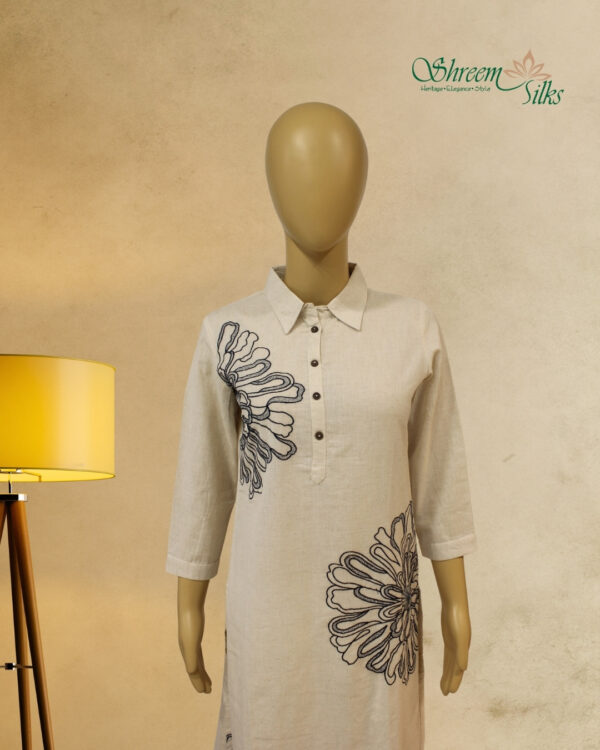 Off White with Blue Embroidery Linen Kurta Set