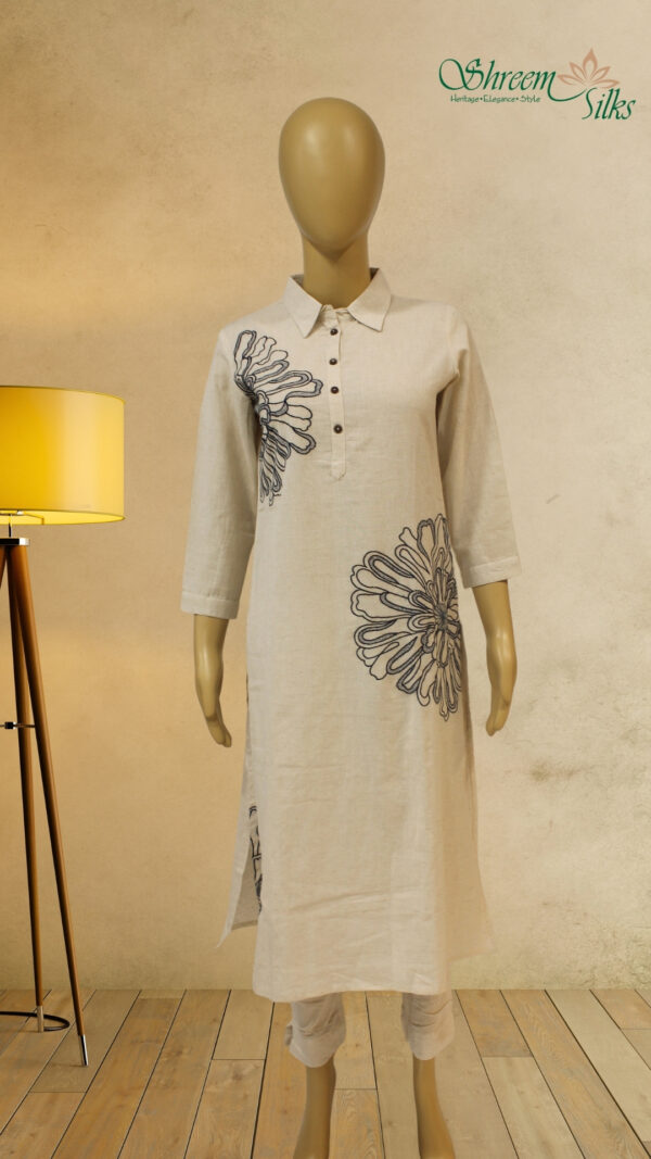 Off White with Blue Embroidery Linen Kurta Set - Image 2