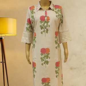 Off White Floral Printed Linen Kurti