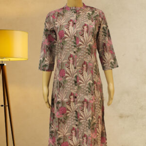 Grey & Pink Printed A-Line Kurti