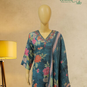 Green with Floral Prints & Neck Embroidery Kurta Set