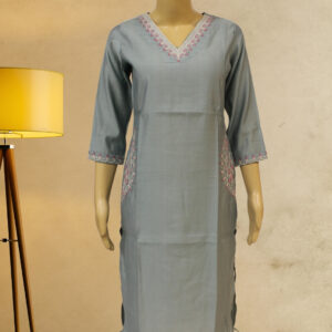 Cement Grey & Pink Embroidery Kurti