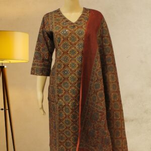 Brown & Green Kalamkari Printed Kurta Set