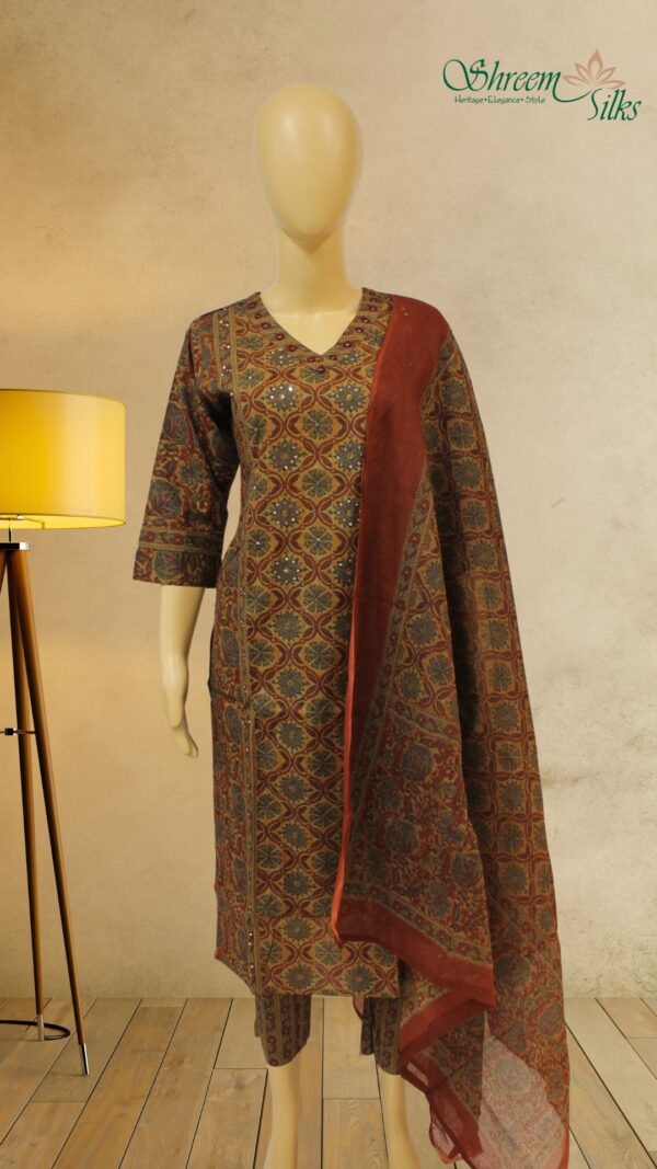 Brown & Green Kalamkari Printed Kurta Set