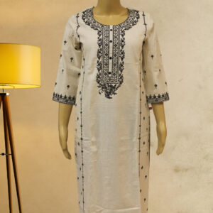 Cream & Black Embroidery Linen Kurti Set
