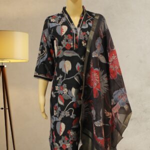 Black with Grey & Red Prints Kurta Set