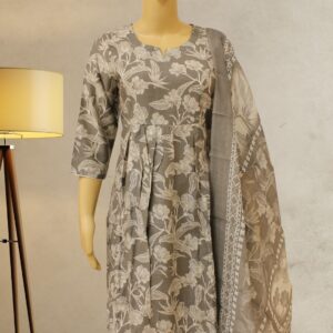 Grey with White Floral Prints & Pearl Work Kurta Set