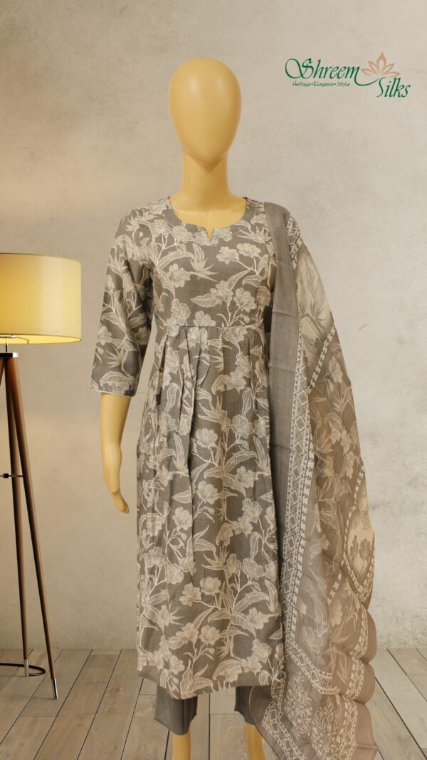 Grey with White Floral Prints & Pearl Work Kurta Set