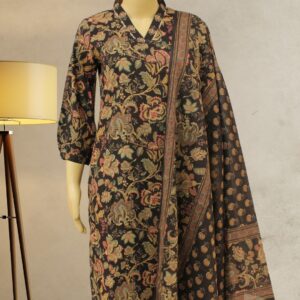 Black with Kalamkari Floral Prints Cotton Kurta Set