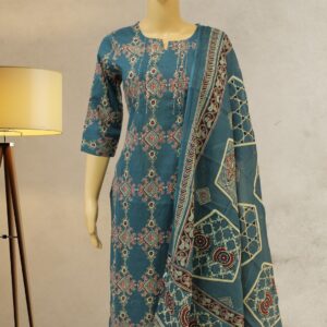 Peacock Blue with Kalamkari Prints Cotton Kurta Set